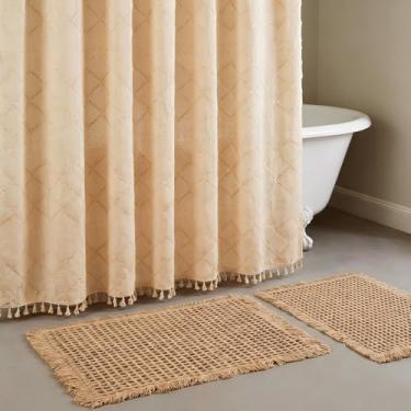 Imagem de Lounsweer Conjunto de 3 peças de cortina de chuveiro de banheiro boho com tapetes de banheiro antiderrapantes à prova d'água e neutra com 12 ganchos para banheiro fazenda hotel banheira decoração 72 x