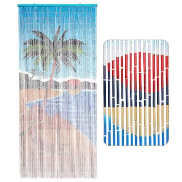 Imagem de Cortina de praia tropical com contas, cortina de porta suspensa pintada à mão, contas de entrada de madeira natural, 91 x 200 cm, 90 cordas, divisória de madeira feita à mão para portas, janelas e