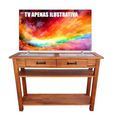 Imagem de Aparador Rack TV em Madeira de Pinus Retrô com Gavetas e Prateleiras Acabamento em Cera 100x33x70cm Cor Imbuia Suporta 20kg (Cerâmica)