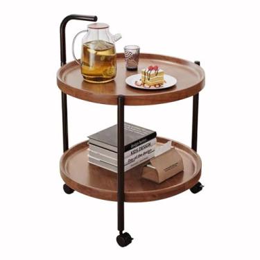 Imagem de Mesa lateral redonda pequena de 2 camadas, mesa de centro redonda móvel com acabamento de nogueira moderna de meados do século, mesa lateral para sala de estar, mesa lateral de cabeceira ou sofá