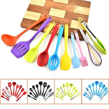 Imagem de Conjunto de Utensílios Cozinha Silicone 10 Peças Ferramentas Antiaderentes à Calor Colher Espátula Serviço Sopa Pinças Batedor Pincel Jantar