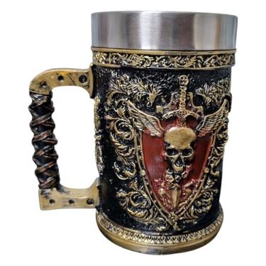 Imagem de Caneca 3d De Inox Viking Faca Na Caveira Dourada 600ml
