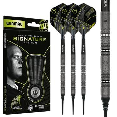 Imagem de WINMAU Michael Van Gerwen Edição Assinatura MvG - Barril de 18 g / 20 g Peso total - 90% Tungstênio - Conjunto profissional de dardos de ponta macia com dardos e hastes (eixos)
