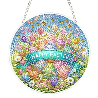 Imagem de Yunzlly Kit de arte de vidro de diamante pendurado para adultos, pingente de pintura de diamantes de vitral, kits de ornamentos de pintura de pedras preciosas de cristal DIY (guirlanda de Páscoa)
