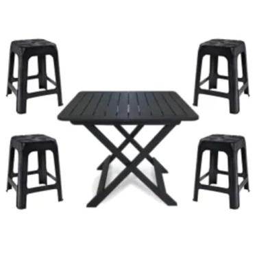 Imagem de Mesa Quadrada Dobrável 80x72cm Preta + 4 Banquetas Empilháveis