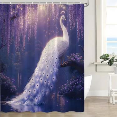 Imagem de CWHCWA Cortina de chuveiro pavão roxo floral fantasia lindo pássaro floresta natureza paisagem flor planta elegante animal arte asiática cortina de banho com ganchos