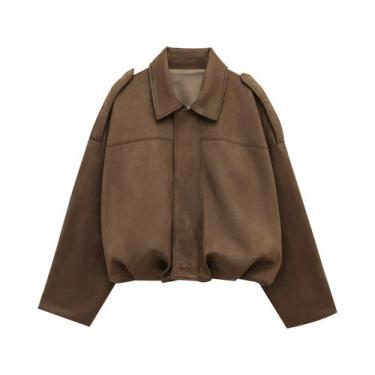 Imagem de Jaqueta Bomber Feminina De Camurça Manga Longa Gola Dobrável Vintage S