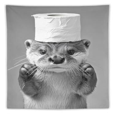 Imagem de Tapeçaria de chapéu de papel higiênico lontra impressão artística preta branca para quarto sala de estar dormitório decoração de casa com adorável design de animal aquático Tapeçaria 152 x 152 cm