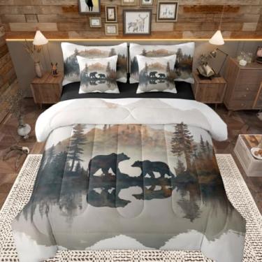 Imagem de Homewish Jogo de cama king size com urso, casa de fazenda, árvore, montanha, natureza, vida selvagem, conjunto de edredom para crianças, meninas, marrom e branco, macio em uma bolsa com edredom