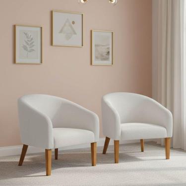 Imagem de Poltrona Sala Decorativa Kit 2 Stella Pé Madeira Trapézio Castanho Bouclê Off White D03 - D'rossi