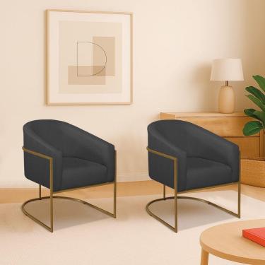 Imagem de Kit 2 Poltronas Decorativa Jade Moderno Escritório Confortável Luxo Base De Ferro Dourado Linho Cor Cinza Escuro