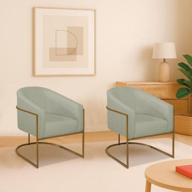 Imagem de Kit 2 Poltronas Decorativa Jade Moderno Escritório Confortável Luxo Base De Ferro Dourado Bouclé Cor Verde Oliva