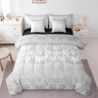 Imagem de Erosebridal Conjunto de edredom gótico gótico, 7 peças, cinza prateado, com lençol com lençol vintage damasco, boêmio, para crianças e adultos, conjunto de cama floral boêmia vitoriana