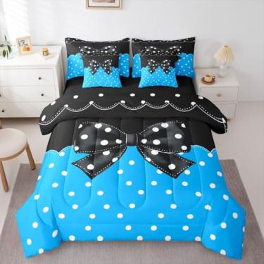 Imagem de Feelyou Conjunto de edredom com laço de bolinhas pretas com 7 peças, tamanho Queen, princesa, bolinhas, para crianças, meninos, meninas, fofo, em uma bolsa, azul e preto