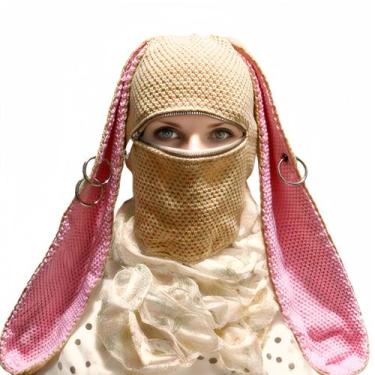 Imagem de Chapéu de malha balaclava, lindas orelhas de coelho com detalhes rosa 