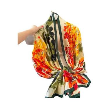 Imagem de Lenço Quadrado De Seda Feminino 90cm Com Estampa Floral, Foulard De Ce
