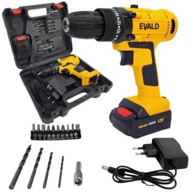 Imagem de Parafusadeira Furadeira Bateria 12V com Maleta e Kit Bivolt EVALD