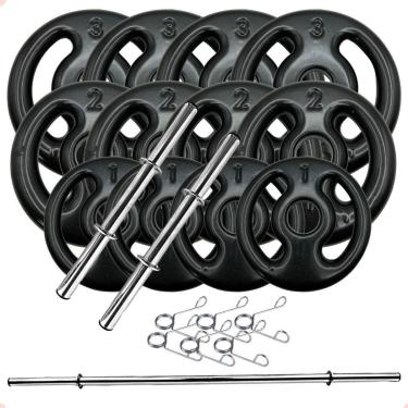 Imagem de Kit Anilhas Emborrachadas Preta 24 Kg + Barras com Presilhas-Unissex