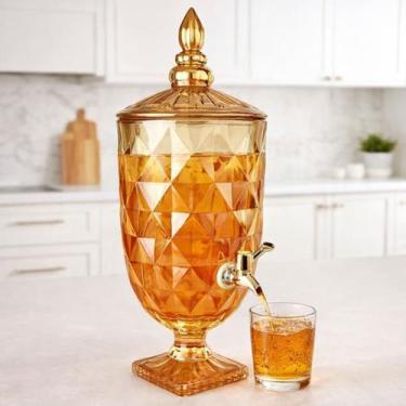 Imagem de Suqueira Vidro 5L Diamond Dourada Com Torneira Dispenser Bebidas Festa