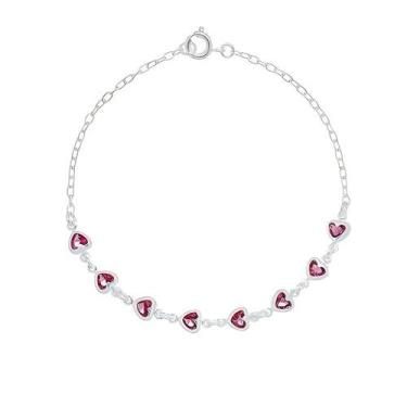 Imagem de Pulseira feminina corações cereja 19cm Prata 925 zircônia cereja. - Si