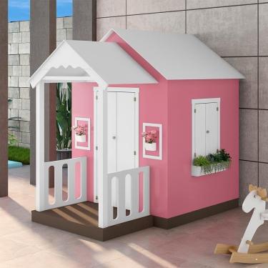 Imagem de Casinha de Brinquedo L12 em MDF com Varanda Artesanal Branco Rosa