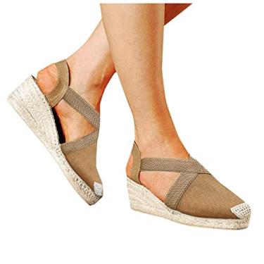 Imagem de Sandálias Gibobby para mulheres elegantes verão 2022 moda elegante cunha tira no tornozelo salto pontiagudo salto alto bloco sandálias, X01 - Marrom, 8