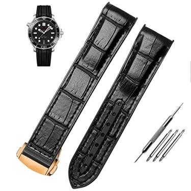 Imagem de JWTPRO Pulseira à prova d'água extremidade curvada couro genuíno pulseira de relógio para Omega Seamaster 007 pulseira de pulso com fivela dobrável (cor: ouro rosa preto, tamanho: 20mm)