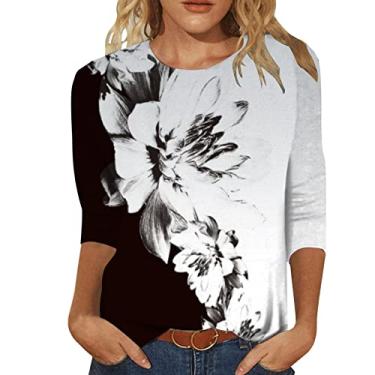 Imagem de Camisetas femininas de manga 3/4 de comprimento elegante casual estampa floral gola redonda camisetas soltas camisetas gráficas, Ofertas relâmpago preto, M