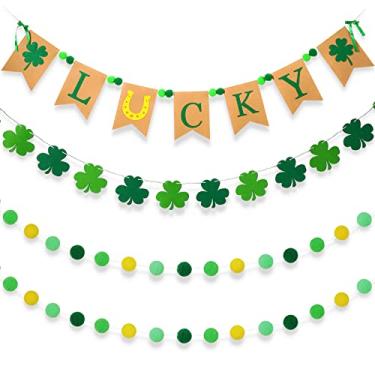 Imagem de Kit de 4 peças de guirlanda de bola de feltro com bandeira de feltro para o dia de São Patrício e faixa de trevo de feltro com guirlandas de bola de feltro com trevo para artigos de festa do dia de São Patrício