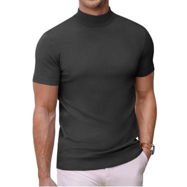 Imagem de COOFANDY Suéter masculino gola rolê manga curta cor sólida camisetas básicas slim fit malha pulôver, Cinza escuro, PP