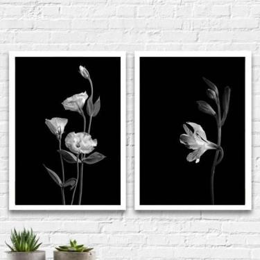 Imagem de Kit 2 Quadros Flores Branco E Preto 24X18Cm - Branca
