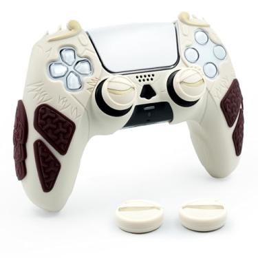 Imagem de CHIN FAI Capa Protetora Para Controle De Ps5, Silicone Ergonômico Inspirado Em Wukong Com Capas Joystick Formato Olhos Fogo, Design Cota Malha E Parte Traseira Nuvem Cambaleante (Bege)