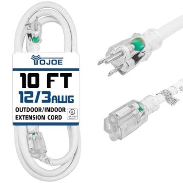 Imagem de yojoe Cabo De Extensão Para Ambientes Internos E Externos Com Ponta Iluminada, Alimentação 3 Pinos, 15 A, À Prova Intempéries, Calibre 12, Resistente, Metros, Branco, Garagem, Jardim Casa, 12/3 Sjtw