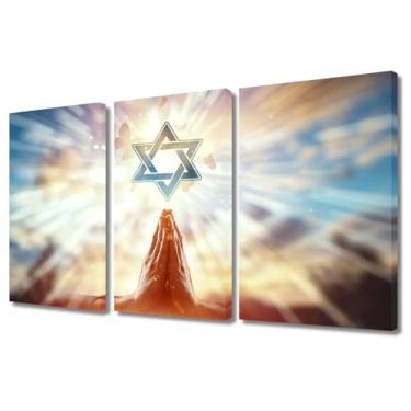 Imagem de TUMOVO Decoração de parede Símbolo do Judaísmo Pinturas de Oração Estrelas de Davi Arte Moderna 3 Peças Tela Arte de Parede Decoração de Casa Decoração de Escritório Cartazes e Impressões Emoldurados