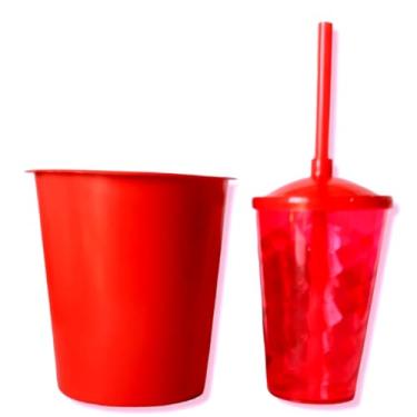 Imagem de Kit 20 Cinema Balde Pipoca 1litro + Copo Twister 400ml com Tampa e Canudo (VERMELHO)