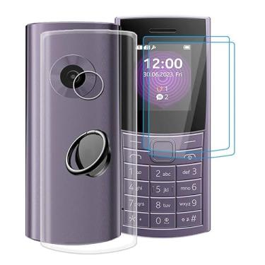 Imagem de YQINHHME Capa transparente para Nokia 110 4G 2023 (1,8 polegadas) com 2 x protetores de tela + suporte de anel magnético de 360°, capa protetora fina à prova de choque capa de telefone de silicone macio para Nokia 110 4G 2023