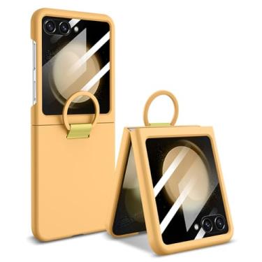 Imagem de HAO RIYLN Capa fina para Samsung Galaxy Z Flip 7, capa rígida de proteção contra queda de PC, protetor de tela, anel de dedo, corpo inteiro, à prova de choque, amarelo, flip 7