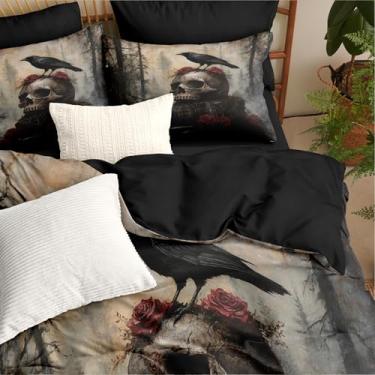 Imagem de CCoutueChen Conjunto de edredom King com caveira rosa gótica, corvo de esqueleto humano horrível, leve, para decoração de quarto, 3 peças de microfibra, pássaro preto, flor vermelha, conjunto de cama
