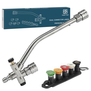 Imagem de POWER TOWN Acessório de conector duplo de canhão de espuma para lavadora de pressão, bocal de dupla finalidade e interruptor de canhão de sabão, lança de pulverização dupla com 5 pontas de lavadora de