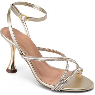 Imagem de Sandália Feminina Lumiss Salto Alto Fino Metalizado Strass Brilho Tiras Finas dourado35
