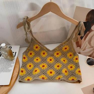 Imagem de Top Cropped Floral De Crochê Boho Feminino Com Alças Amarradas E Tricô