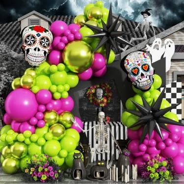 Imagem de Halloween Balloons Day of the Dead Balloon Arch Kit, Sugar Skull Colorful Mexican Foil Balloon, Burgundy Red Neon Green Latex Metallic Balloons for Dia De Los Muertos Mexican Fiesta Altar Party Decor