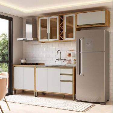 Imagem de Cozinha Modulada Compacta 4 Peças 8 Portas e 3 Gavetas 100% MDF 280cm Barbados Espresso Móveis Amêndoa/Off White