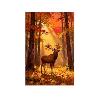 Imagem de Quadro arte parede outono-Cervo sol floresta Impressões em tela paisagens-Pintura animais para sala estar decoração fazenda 20x30cm Sem Moldura