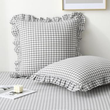 Imagem de K MASANIJI Pacote com 2 capas de almofada xadrez cinza branco xadrez guingão europeu, 100% algodão lavado, capas decorativas de casa de fazenda para cama/sofá, fecho de zíper -56 cm x 56 cm