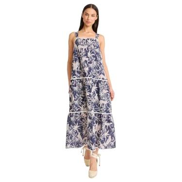 Imagem de The Good Journey Vestido maxi feminino sem mangas com gola quadrada em camadas - Vestidos casuais de férias de verão, Creme azul-marinho, G