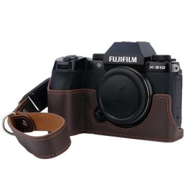Imagem de Bowan Capa para câmera X-S10, capa de couro genuíno feita à mão para câmera Fujifilm Fuji X-S10 XS10 versão abertura inferior da câmera + alça de mão (café)