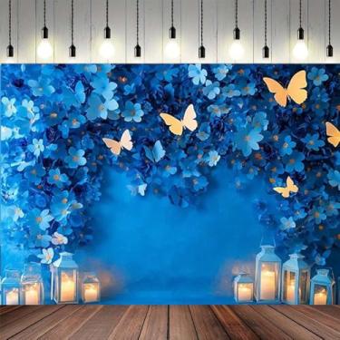 Imagem de Fundo de foto azul para chá de bebê, borboleta, flores azuis e laranjas, cenário do mundo dos sonhos de borboleta, para meninas, princesas, recém-nascidas, chá de panela, faixa de festa com beijos de