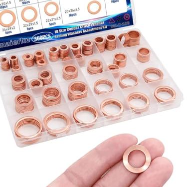 Imagem de maierke Plugue de drenagem de óleo de arruela de esmagamento de 360 peças, 18 tamanhos sortidos de tampão de drenagem de óleo de cobre, arruelas de esmagamento de motor automotivo (M6 M8 M10 M12 M14
