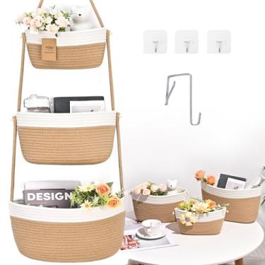 Imagem de Cestas de armazenamento suspensas, cesta de 3 camadas sobre a porta, armazenamento de cesta de parede de algodão, cesta removível para porta suspensa com 4 ganchos, organizador sobre a porta, berçário